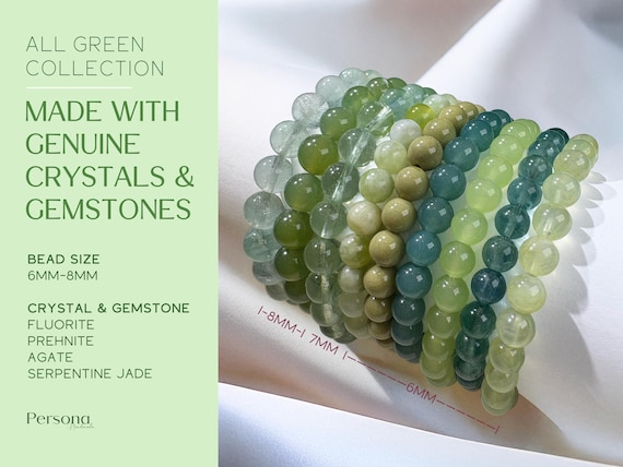 Green Genuine Crystal Bracelet - Stretch Bracelet with Fluorite, Prehnite, Agate & Serpentine Jade