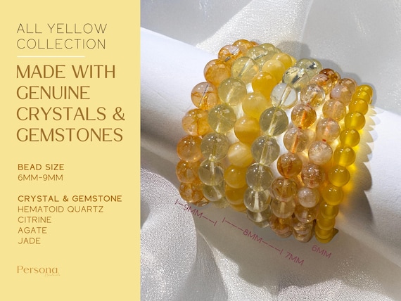 Yellow Genuine Crystal Bracelet - Stretch Bracelet with Citrine, Hematoid Quartz, Jade & Agate