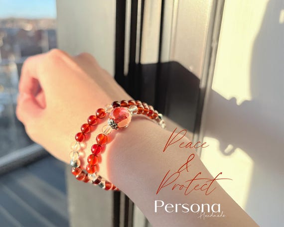 Natural Garnet Bracelet Original Design Unique - Hematoid and Clear Quartz Mother of Pearl