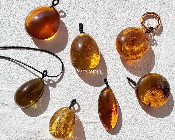 Natural Burmese Amber Pendant Charm, Rare Color, Flow Lines, Plant Inclusions