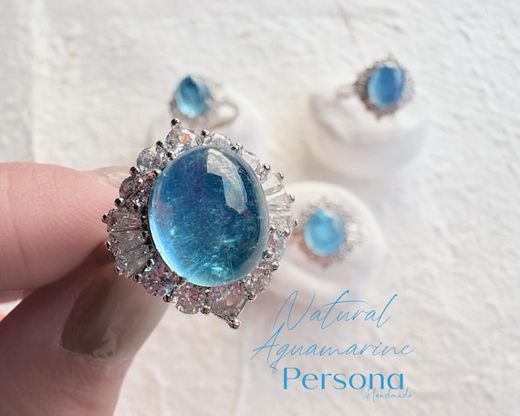 Natural Aquamarine Adjustable Cocktail Ring - Blue Gemstone