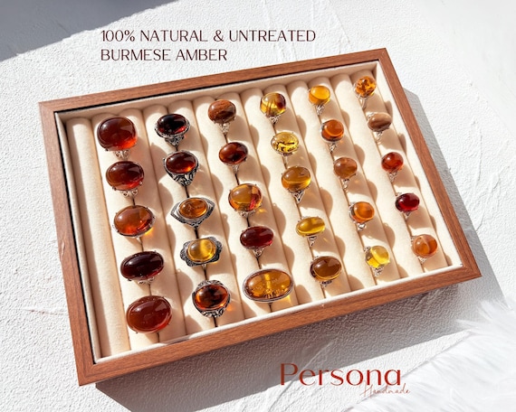 Natural Burmese Amber Adjustable Silver Ring - Handmade Genuine Amber Jewelry