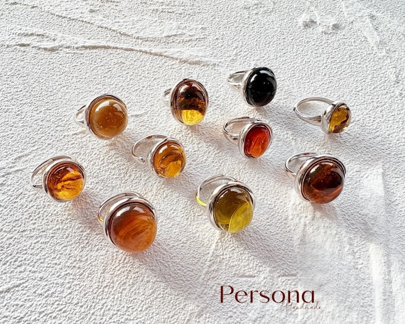 S925 Sterling Silver Minimalist Adjustable Ring with 100% Natural Burmese Amber
