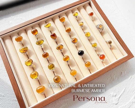 Natural Burmese Delicate Amber Adjustable Silver Ring - Handmade Genuine Amber Jewelry
