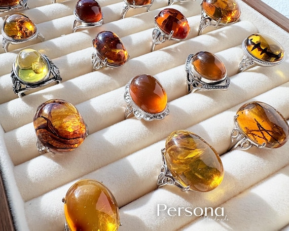 Adjustable Natural Amber Cabochon Silver Ring - Handmade Jewelry