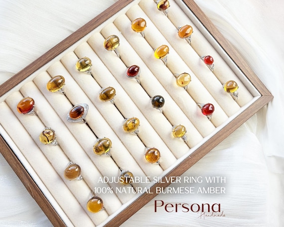 Natural Burmese Delicate Amber Adjustable Silver Ring - Handmade Genuine Amber Jewelry