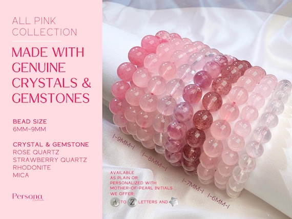 Pink Crystal Bracelet – Rose Quartz, Rhodonite & Mother of Pearl Initials
