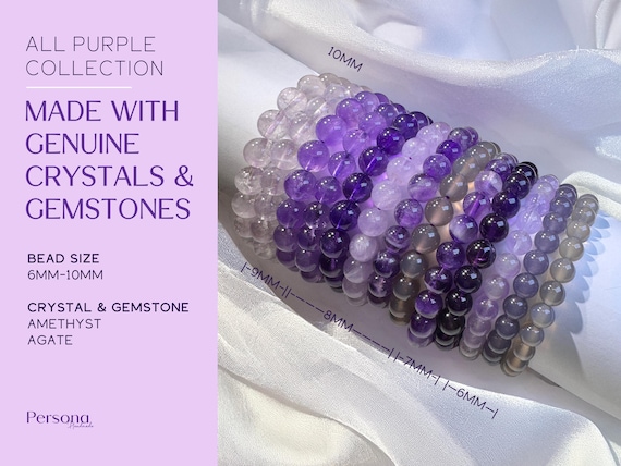 Genuine Amethyst Beaded Bracelet - Stretch Bracelet with Purple Crystals & Agate