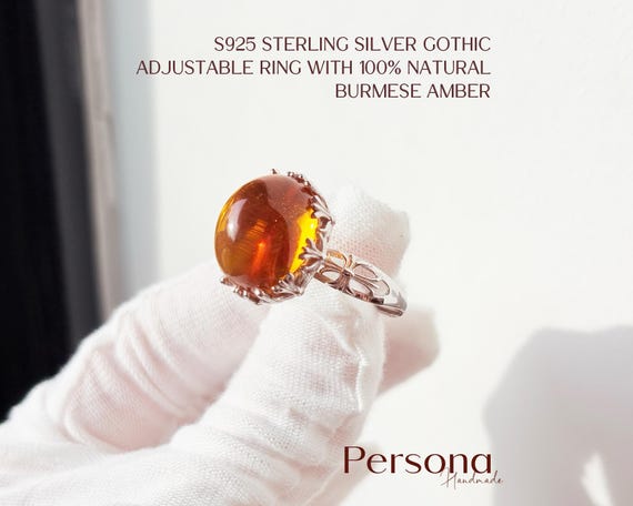S925 Sterling Silver Gothic Adjustable Ring with 100% Natural Burmese Amber