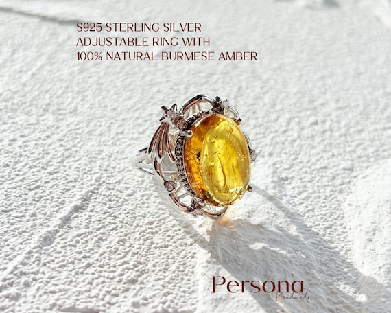 S925 Sterling Silver Star Adjustable Ring with 100% Natural Burmese Amber