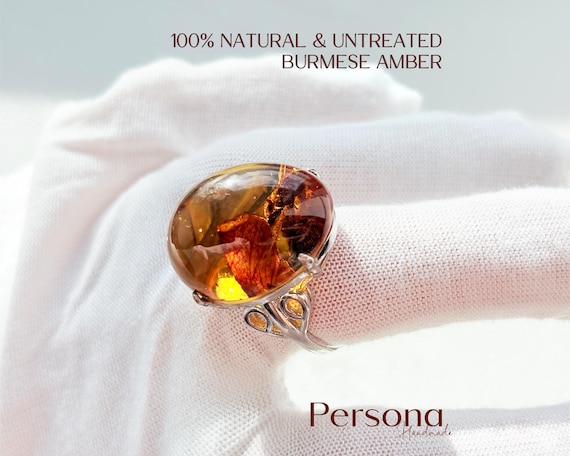 Adjustable Silver Oval Amber Ring Natural Plant in Resin