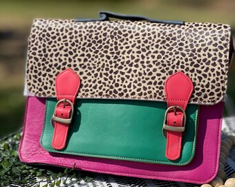 Denton Double Buckle- Leather Leopard Cowhide Handbag