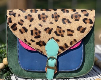 Zelle Single Buckle Purse- Leather Leopard Cowhide Handbag Crossbody