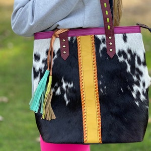 Tassel Tote- Leather Cowhide Tote With Tassel Handbag Purse Country Western