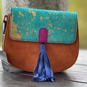 Luxe Safari Metallic Suede Cowhide Tassel Crossbody Handbag