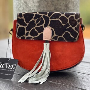 Luxe Safari Giraffe Suede Tassel Crossbody Handbag Cowhide