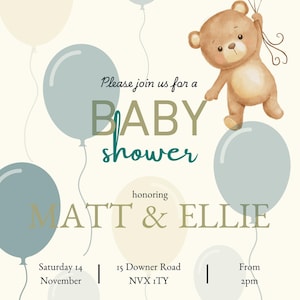 Invito Baby Shower Palloncino Moderno/Boho Orsetto Neutro Modello Invito Baby Shower, Modificabile Stampabile Scarica
