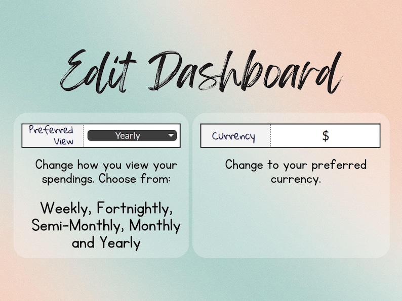 Change the method of viewing your income and expenses. Choose from weekly, fortnightly, semi-monthly, monthly and yearly. Change your preferred currently from $ to your liking.