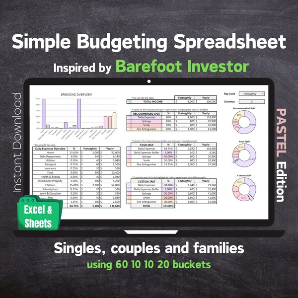 Barefoot Bucket Budget - Simple Finance Spreadsheet with 60-10-10-20 Buckets - PASTEL - Microsoft Excel & Google Sheets