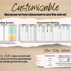 The gradebook is highly customizable, because no two classrooms are the same! Edit grades and cut-offs to design your own grading system. Adjust how marks are entered and how much each result is worth — if desired. Rename term labels (e.g., Spring, Summer, Fall, Winter) to match your school year. Rename subjects to fit your classroom or reporting format. 

Please Note: Users cannot add rows or columns into the spreadsheet, as this will disrupt the formulas.