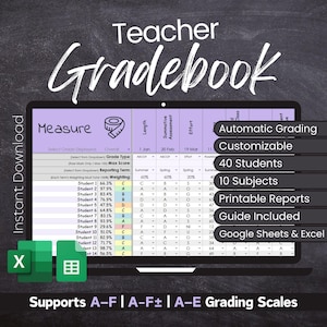 Carnet de notes des enseignants pour Google Sheets et Excel | Suivez 40 étudiants dans 10 matières | Notes automatiques | Cahier de notes étudiant