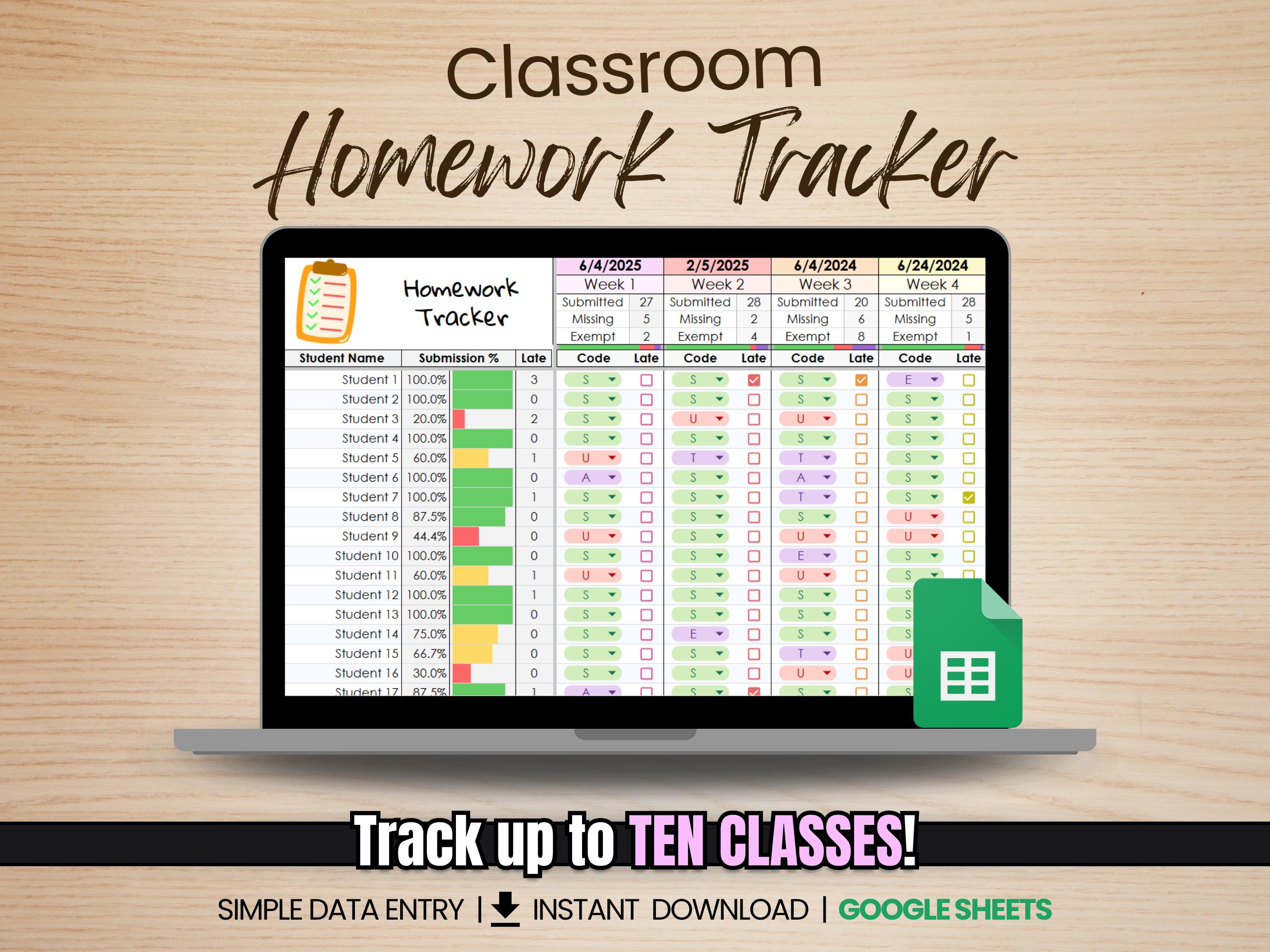 Teacher Homework and Assignment Tracker Digital Spreadsheet Editable ...