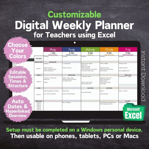 Teacher Customizable Digital Weekly Planner - Automatic Dates - Printable - Microsoft Excel - Lesson Planner, Homeschool Planner, 2024-2025