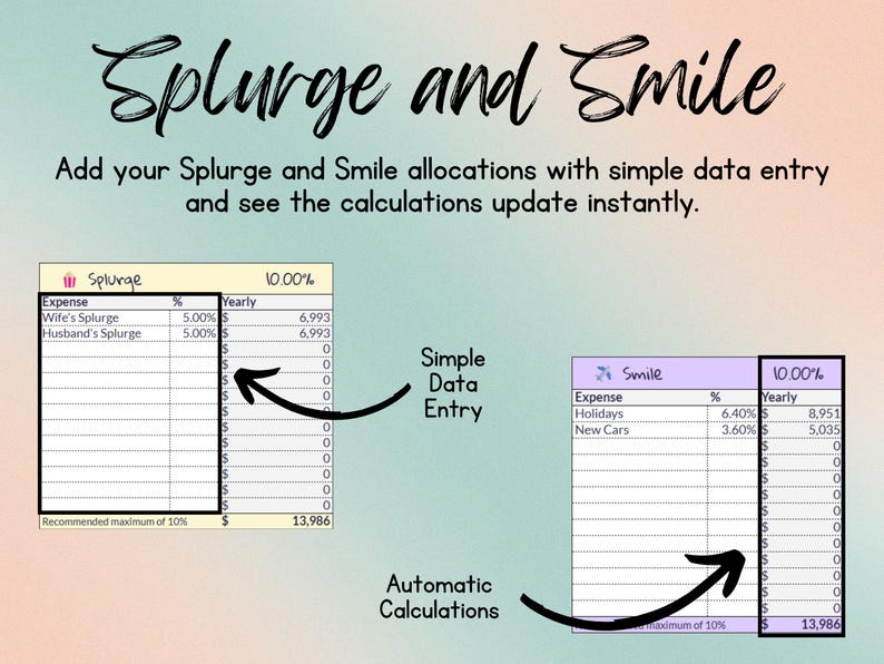 Enter your splurge and smile allocations with simple data entry and see the calculations update instantly.