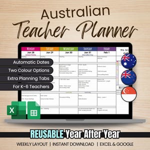 Australischer Lehrer Digitaler Wochenplaner - Automatische Termine - Microsoft Excel & Google Sheets