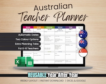 Australian Teacher Digital Weekly Planner - Automatic Dates - Microsoft Excel & Google Sheets