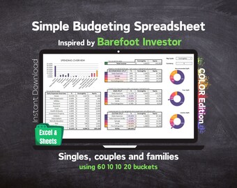 Barefoot Bucket Budget - Simple Finance Spreadsheet with 60-10-10-20 Buckets - BRIGHT - Microsoft Excel & Google Sheets
