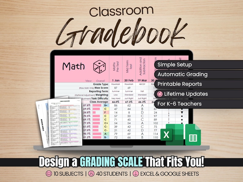 This Google Sheets and Microsoft Excel Gradebook for classroom teachers is a simple spreadsheet for tracking grades, monitoring student progress, and keeping everything in one place. Designed with primary and elementary teachers in mind, our digital grading tool allows the user to customize the grading system, the color-coding, the academic terms, how the Markbook calculates grades and the icons for each subject.