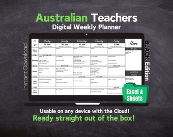 Australian Teacher Digital Weekly Planner - Automatic Dates - Microsoft Excel & Google Sheets - BLACK