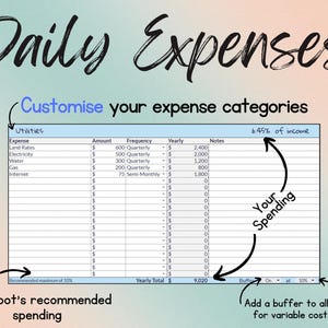 Enter your daily expenses with 12 customisable categories.