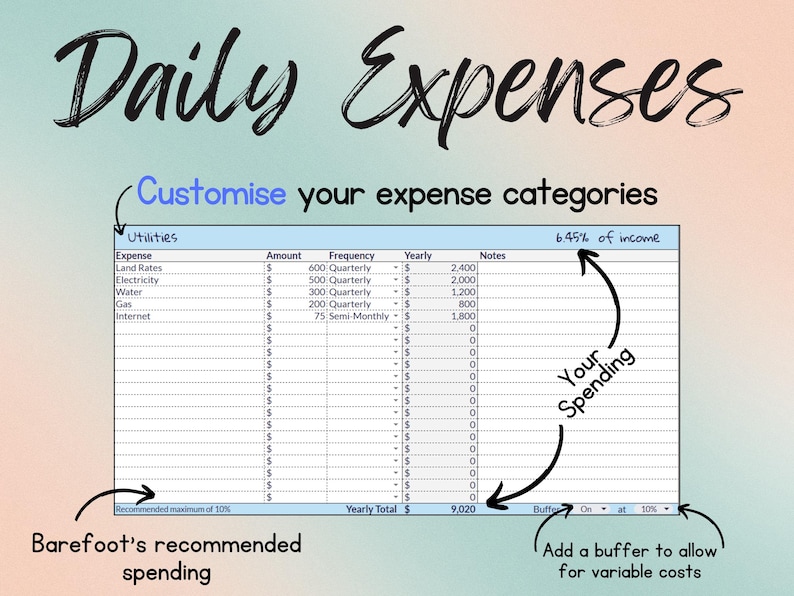 Enter your daily expenses with 12 customisable categories.