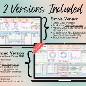 2 Versions Included

Simple Version:
- Enter your income
- Add your Daily Expenses
- Modify your Splurge and Smile allowances
- Watch your Fire Extinguisher calculate automatically
- Track your progress!

Advanced Version:
- Enter and track debt repayments
- Focus your Fire Extinguisher funds on one debt at a time
- Monitor your Mojo balance
- Grow your net worth and track its value
- Add a customisable buffer for each Daily Expense
- Record your financial ‘to-dos’ list