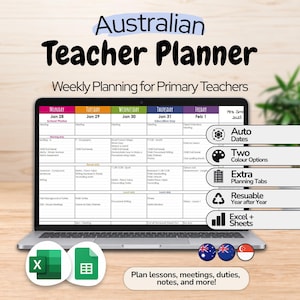 Planificador semanal digital para profesores australianos - Fechas automáticas - Microsoft Excel y Google Sheets
