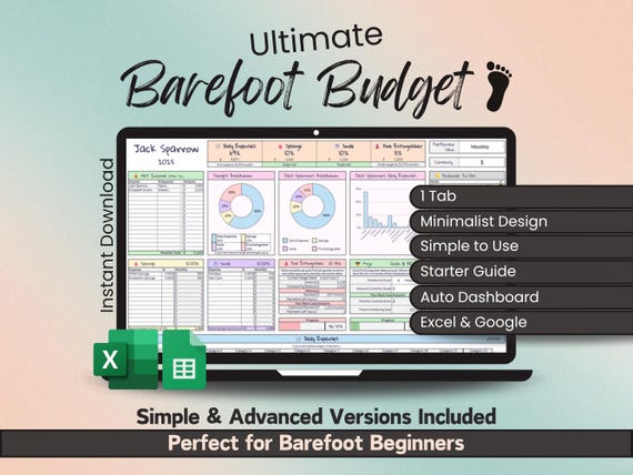 Barefoot Budget Spreadsheet - Simple Finance Tool with 60-10-10-20 Buckets - Google Sheets & Microsoft Excel - Barefoot Investor