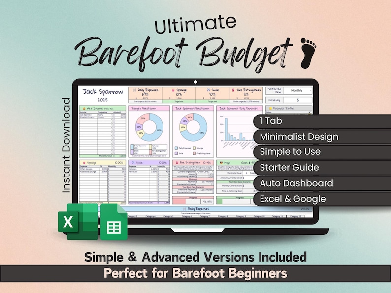 Discover financial success with the Barefoot Investor inspired budget spreadsheet created for Google Sheets and Microsoft Excel. Designed using the popular 60-10-10-20 bucket strategy for all types of households, including individuals, couples and families, this simple finance spreadsheet provides you with a simple and minimal overview that will help you budget effectively. 

This approach assists you to allocate: 
60% to daily expenses
10% to splurges
10% to smile
20% to fire extinguisher