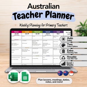 Australian Teacher Digital Weekly Planner - Automatic Dates - Microsoft Excel & Google Sheets