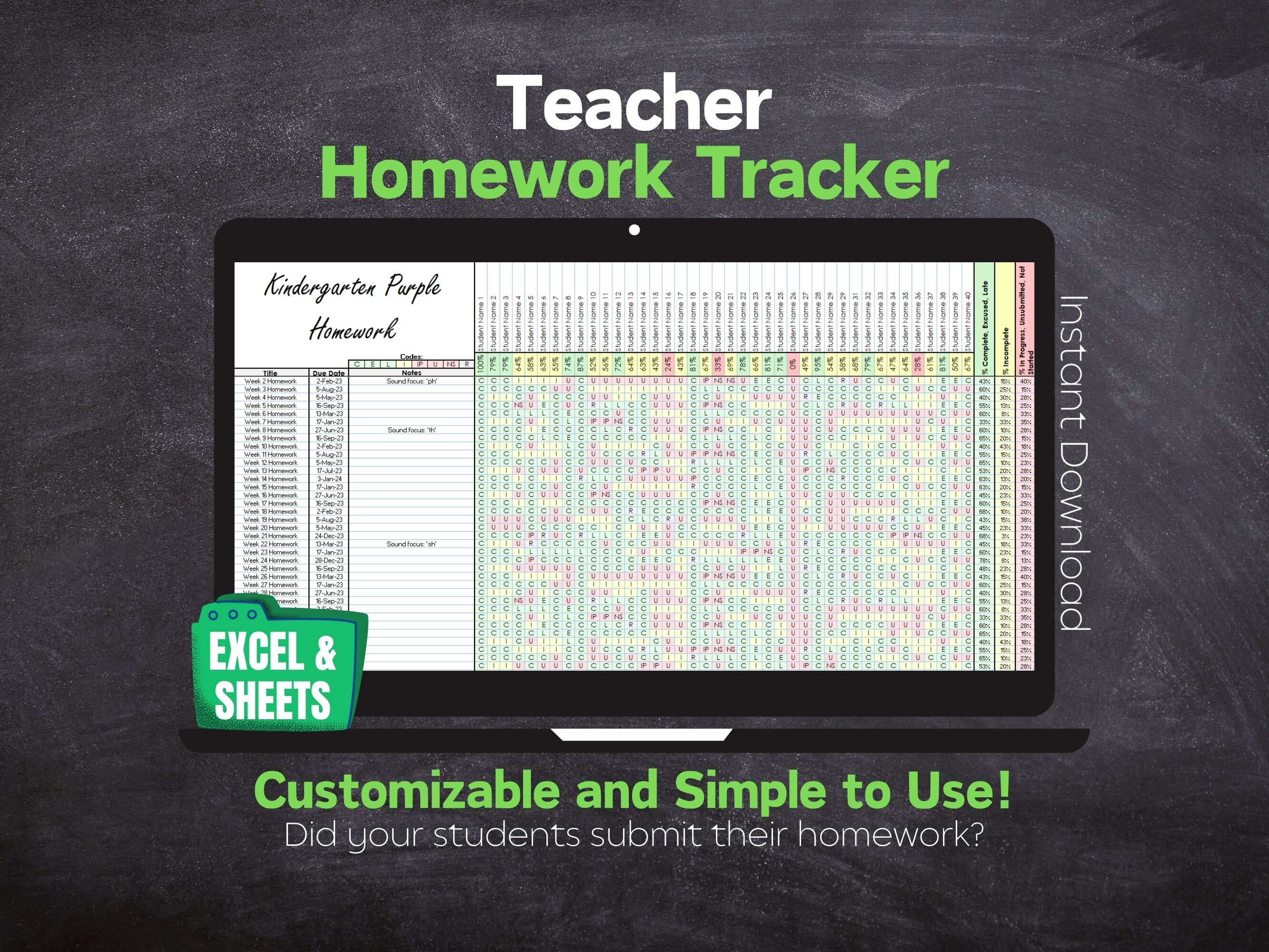 Teacher homework and assignment tracker spreadsheet customizable