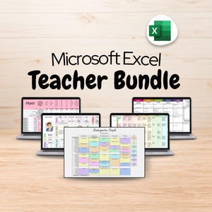 May include: A Microsoft Excel teacher bundle digital product display featuring multiple laptop screens and a central document showing colorful classroom schedules, grade trackers, and lesson planning templates with the text Microsoft Excel Teacher Bundle.