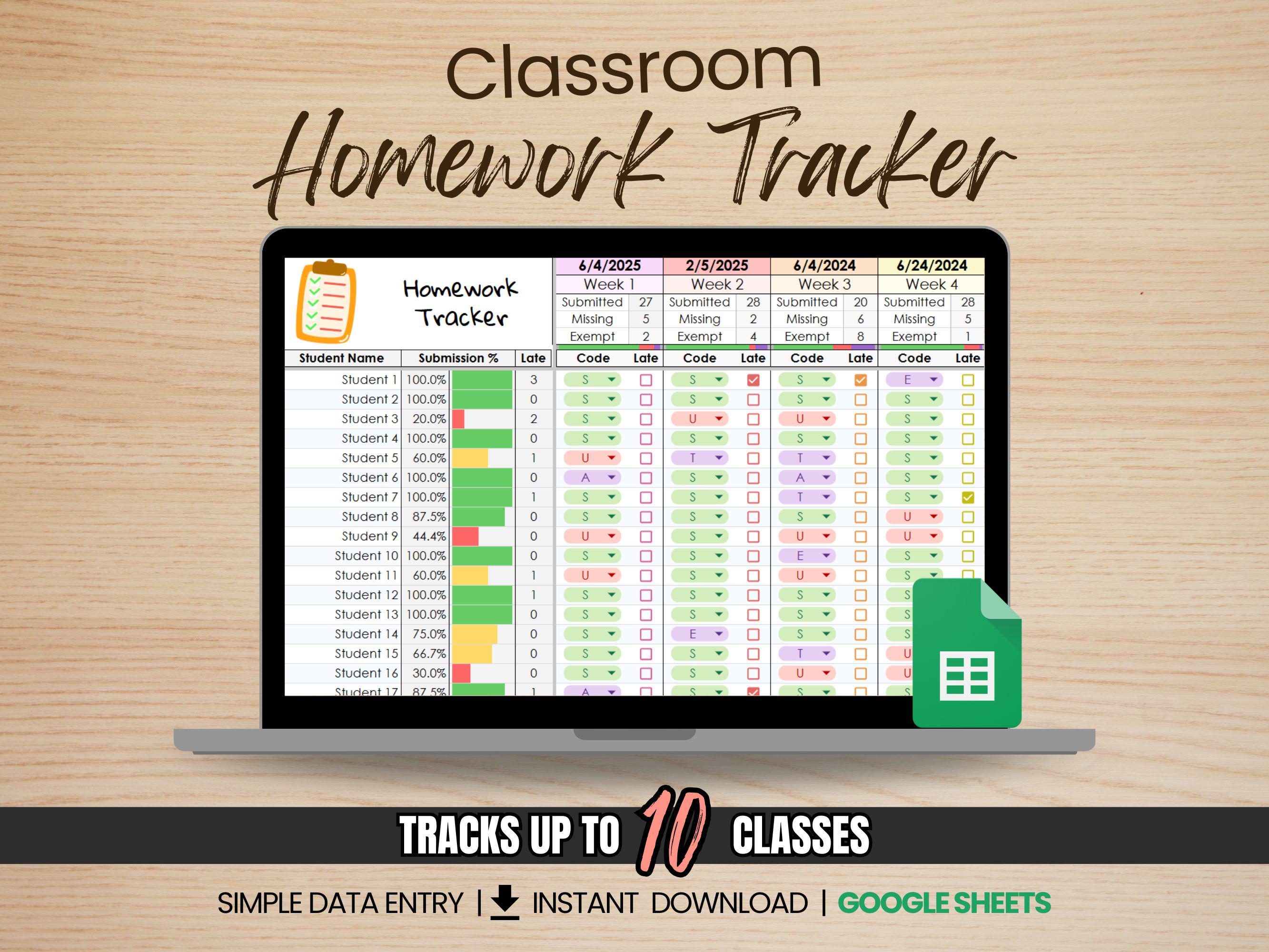 Teacher Homework and Assignment Tracker Digital Spreadsheet Editable ...