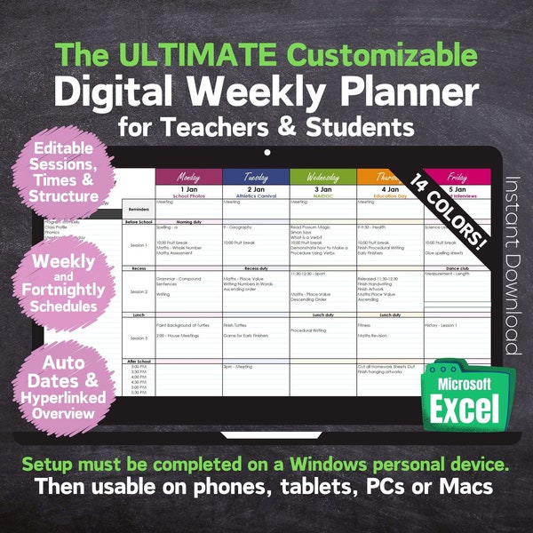 Teacher Customizable Digital Weekly Planner - Automatic Dates - Printable - Microsoft Excel - Lesson Planner, Homeschool Planner, 2024-2025