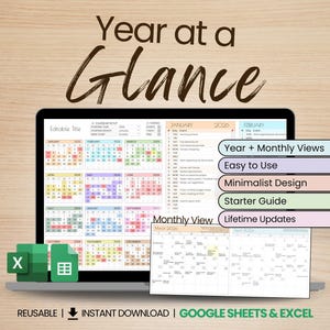 Year at a Glance Calendar Spreadsheet | Editable Annual Planner with Monthly View & Event Tracking | Google Sheets 2026