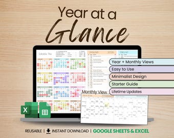 Year at a Glance Calendar Spreadsheet | Editable Annual Planner with Monthly View & Event Tracking | Google Sheets 2026