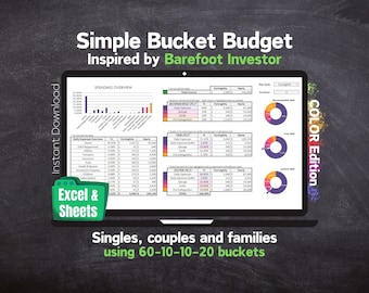 Barefoot Bucket Budget - Simple Finance Spreadsheet with 60-10-10-20 Buckets - BRIGHT - Microsoft Excel & Google Sheets