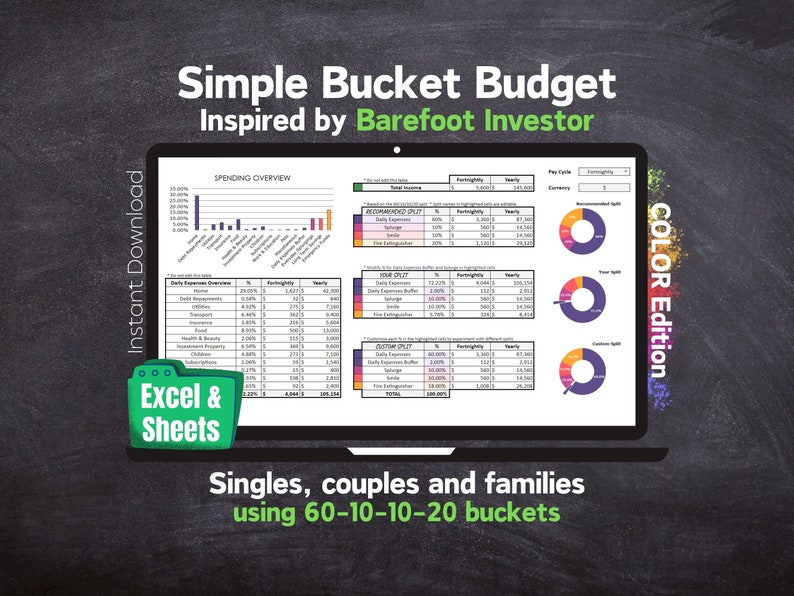 Presupuesto de cubos descalzos: hoja de cálculo de finanzas simple con 60-10-10-20 cubos BRIGHT Microsoft Excel y Google Sheets imagen 1