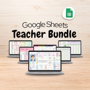 May include: A digital Google Sheets Teacher Bundle featuring multiple laptop screens displaying various educational templates, including maths trackers, attendance logs, and student profiles with colourful grids, text, and a portrait illustration.