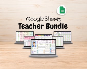 Könnte beinhalten: Ein digitales Google Sheets Teacher Bundle mit mehreren Laptop-Bildschirmen, die verschiedene pädagogische Vorlagen anzeigen, darunter Mathe-Tracker, Anwesenheitslisten und Schülerprofile mit farbigen Rastern, Text und einer Porträtillustration.